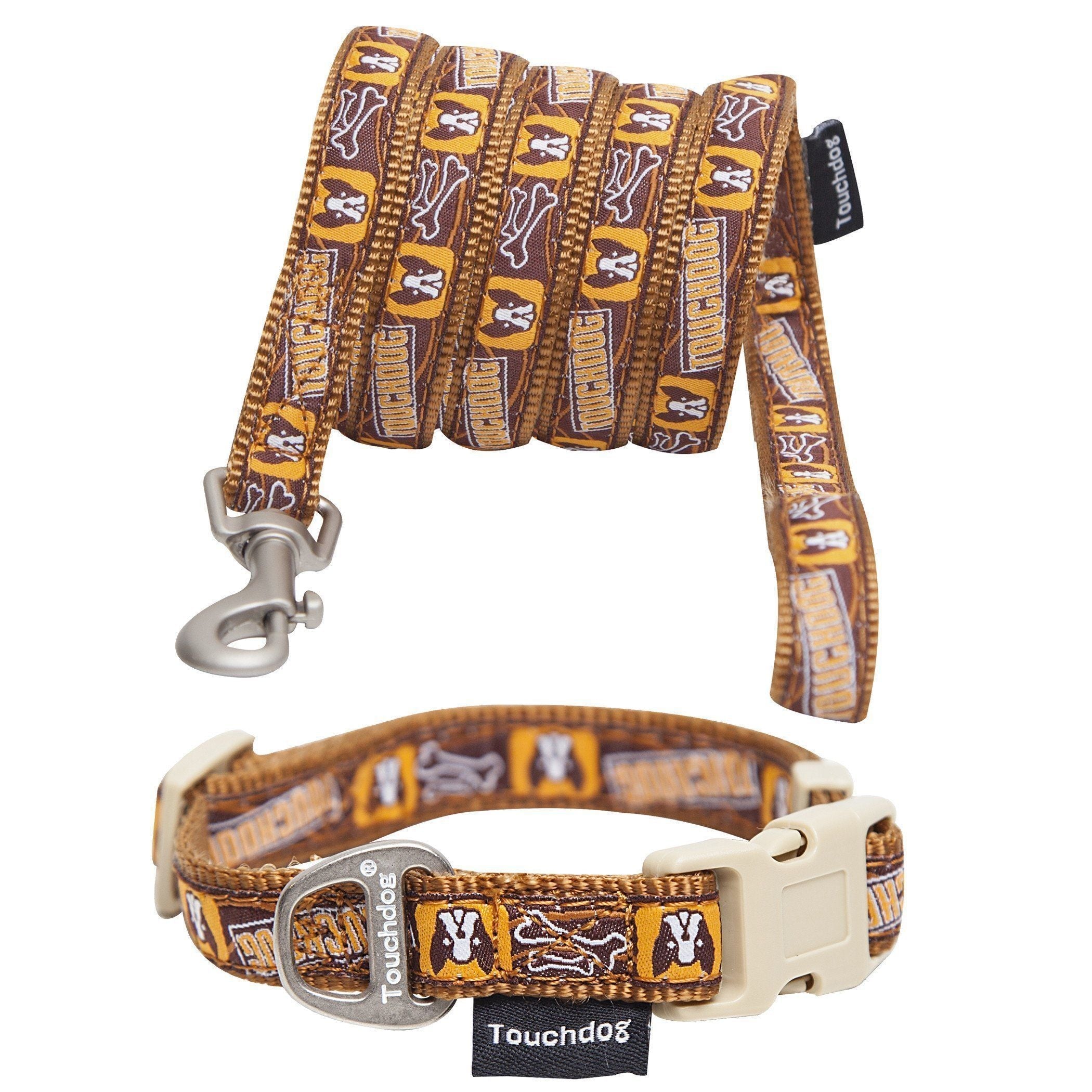Touchdog ® 'Caliber' Designer Embroidered Fashion Pet Dog Leash and Collar Combination Brown Pattern