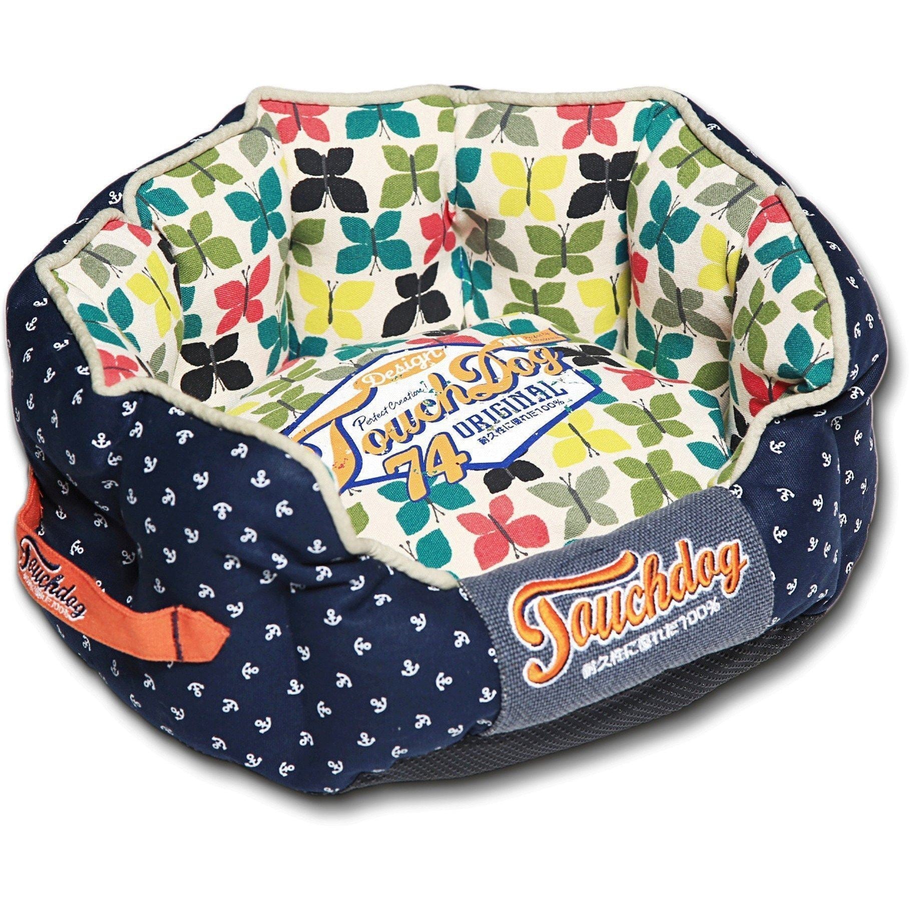 Touchdog ® 'Chirpin-Avery' Rounded Premium Designer Dog Bed Navy Blue, Butterfly Pattern