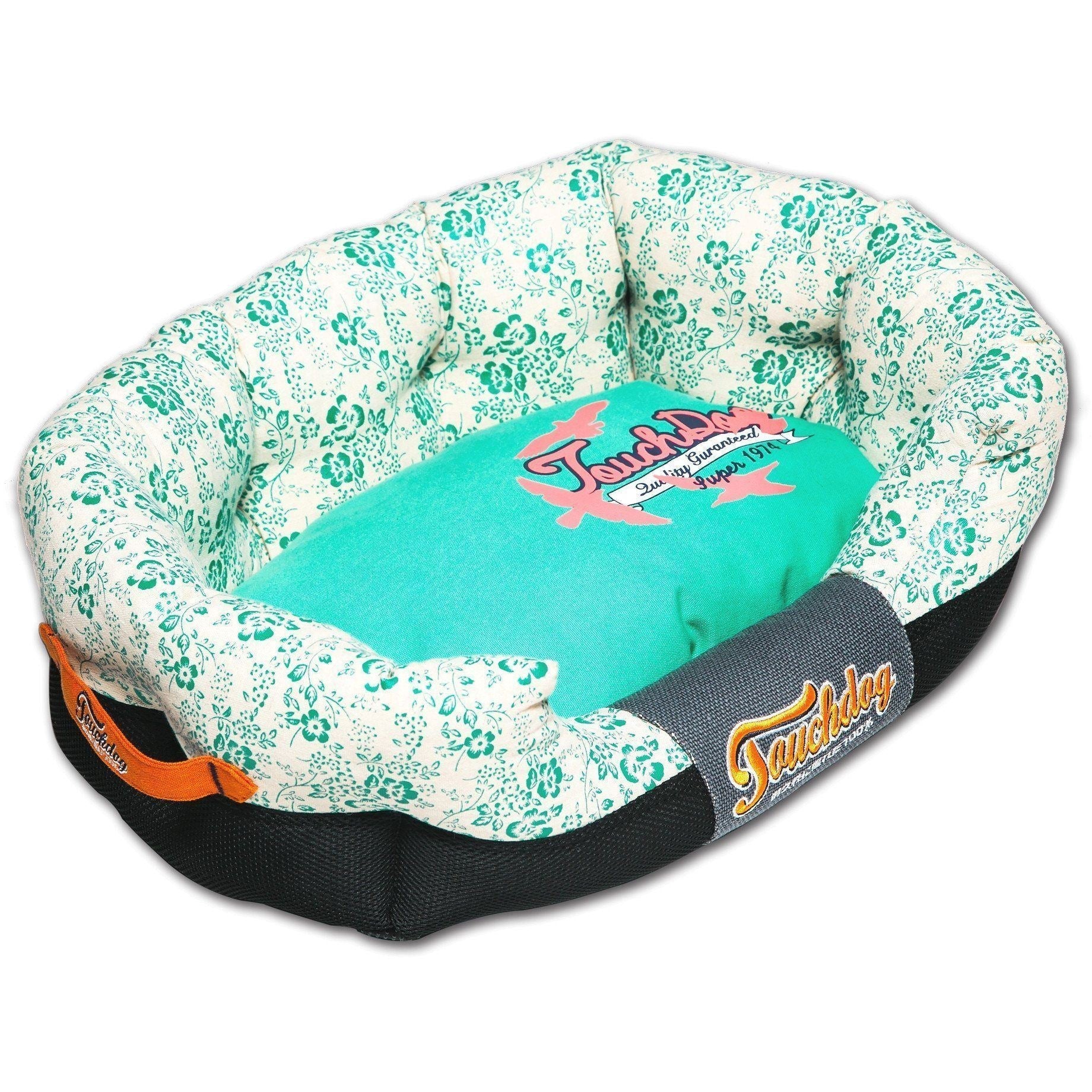 Touchdog ® 'Floral-Galoral' Ultra-Plush Rectangular Rounded Designer Dog Bed Turquoise Blue, Cream White