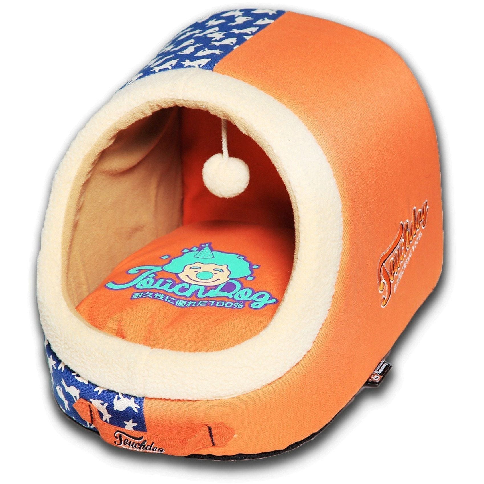 Touchdog ® 'Lazy-Bones' Rabbit-Spotted Panoramic Cat Bed with Teaser Toy Orange, Ocean Blue
