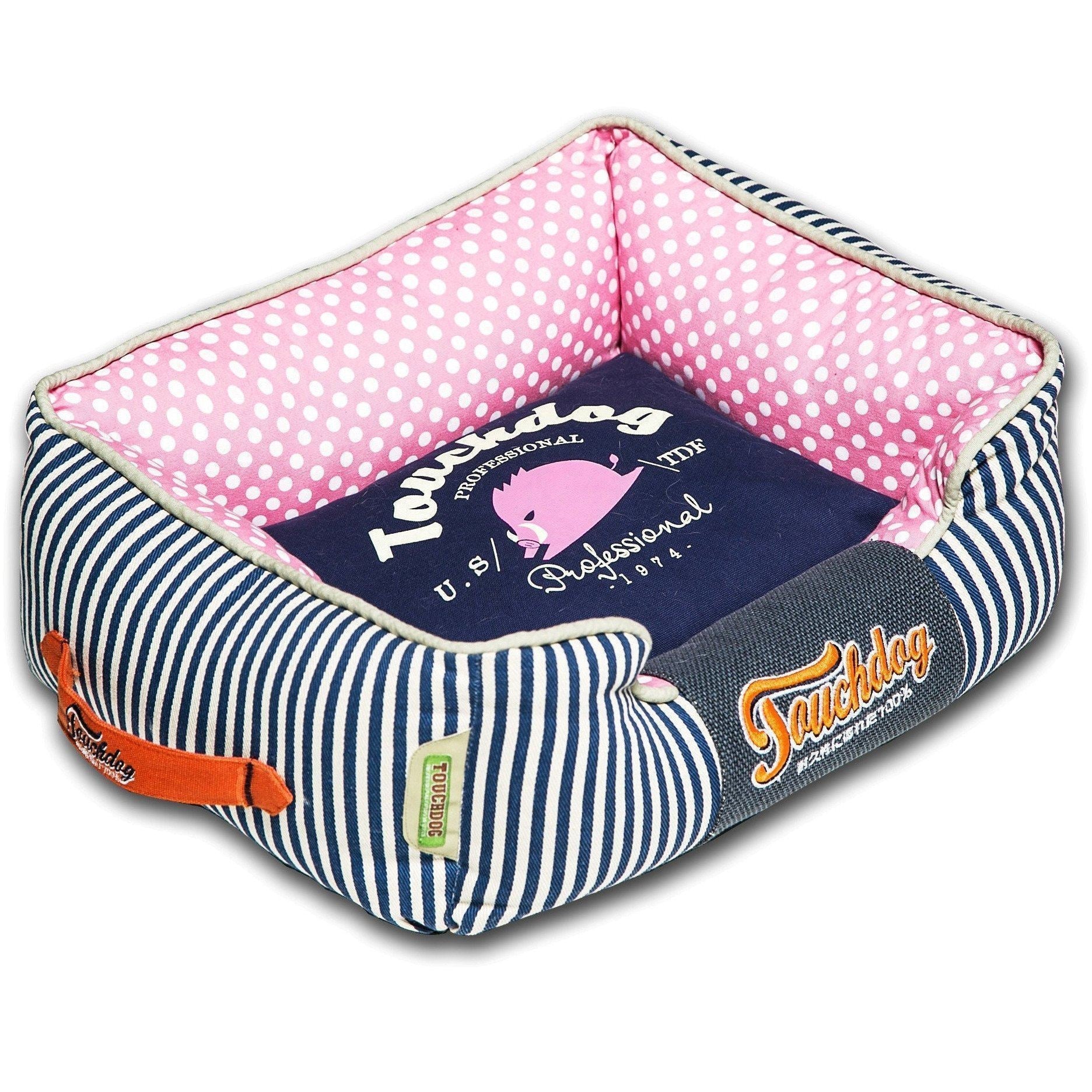 Touchdog ® 'Polka-Striped' Rectangular Designer Premium Dog Bed Navy Blue, Pink