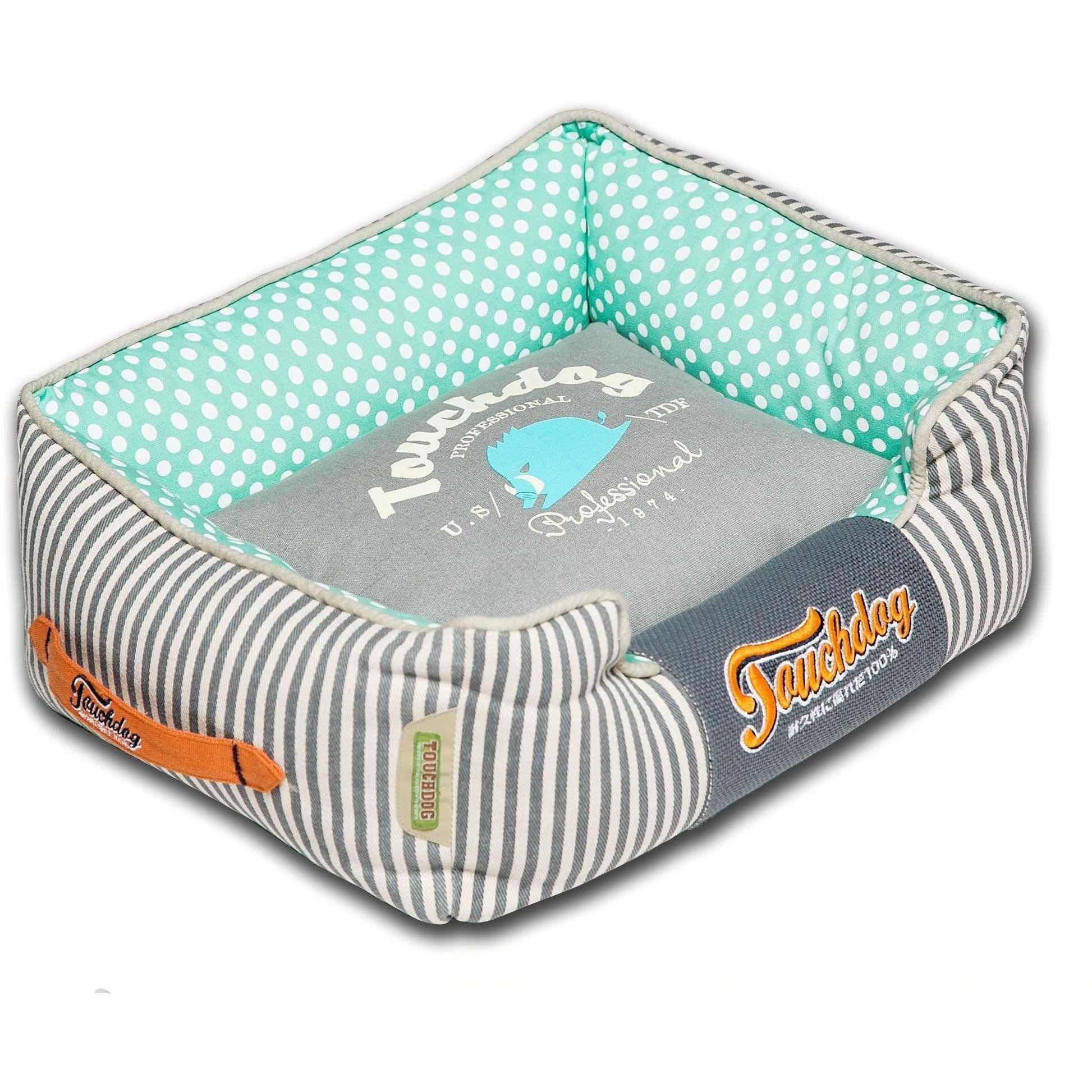 Touchdog ® 'Polka-Striped' Rectangular Designer Premium Dog Bed Teal, Grey