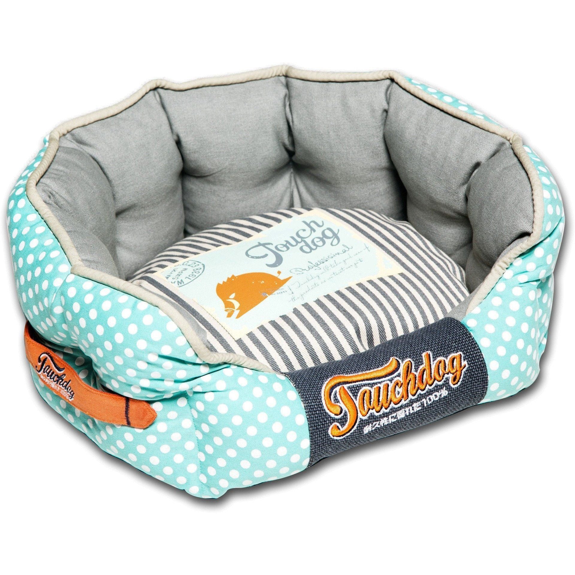 Touchdog ® 'Polka-Striped' Polo Designer Premium Rounded Dog Bed Baby Blue, Steel Grey