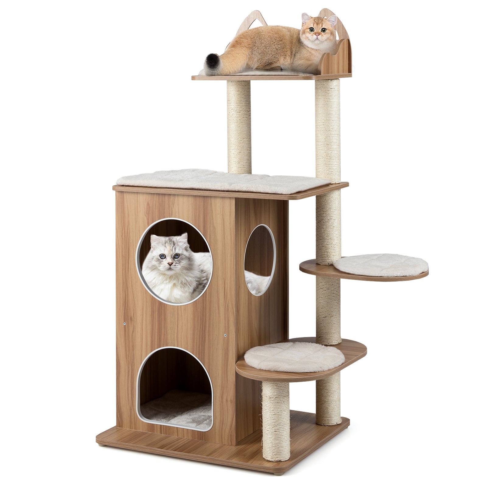 48 Inch Wooden Cat Tree with 2-Floor Condo and Washable Cushions-Natural Default Title