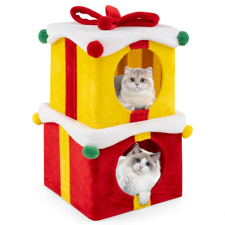 Cat Furniture Set with 58 Inch Tall Cat Tree Tower and 2 Gift Box Shaped Cute Christmas Cat House Default Title