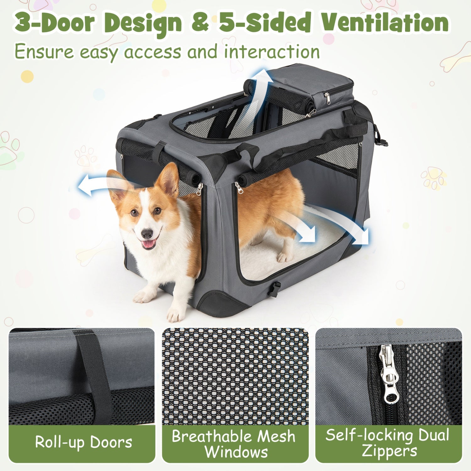 Soft Collapsible Dog Crate with Mesh Windows and 3 Doors