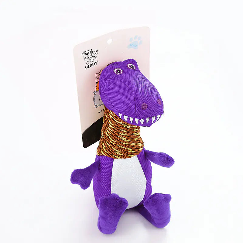 Plush Dinosaur Dog Toy with Sound and Chew Features Purple