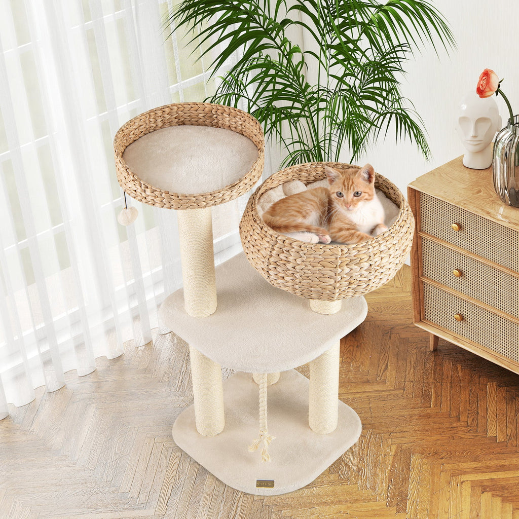41 Inch Rattan Cat Tree with Napping Perch White