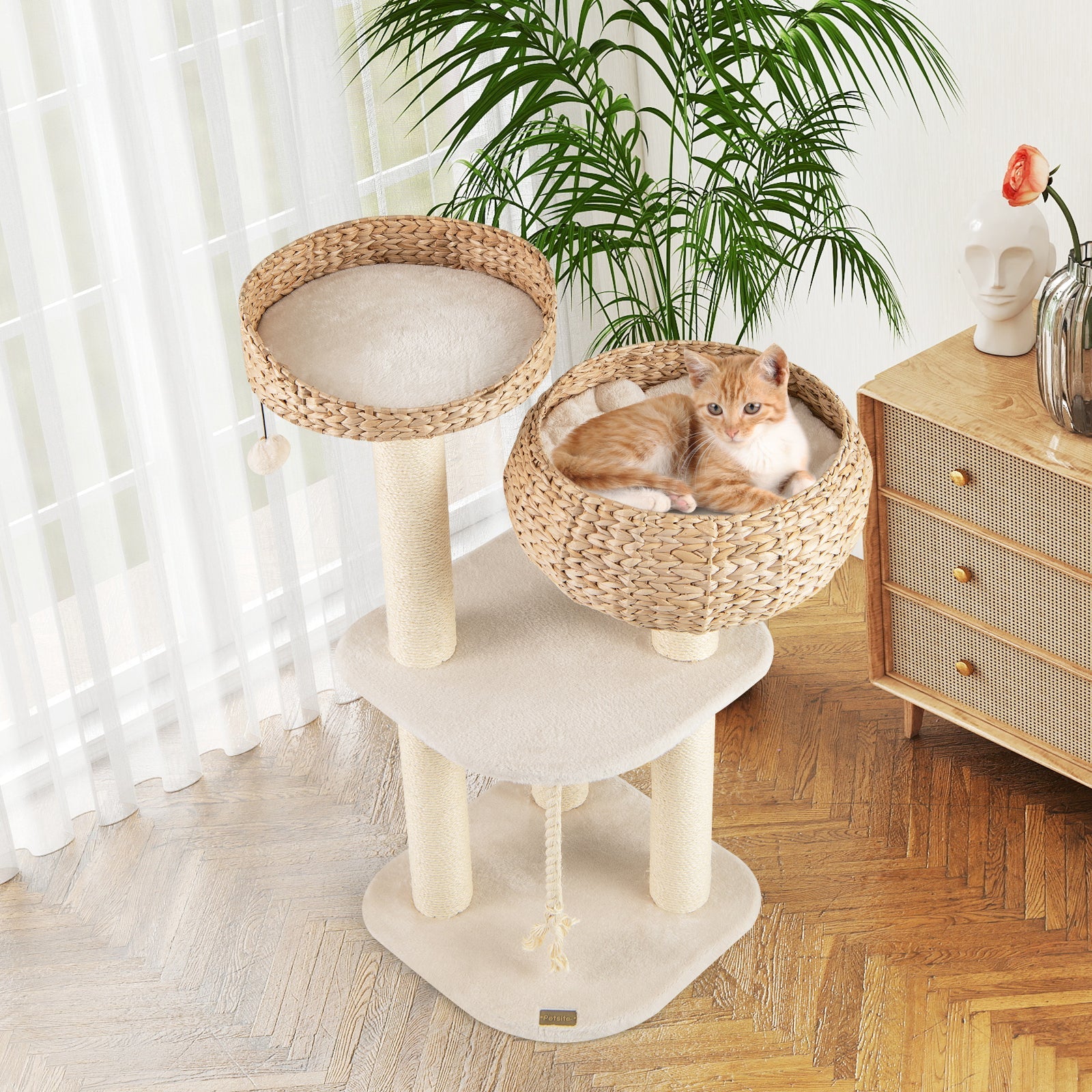 41 Inch Rattan Cat Tree with Napping Perch White