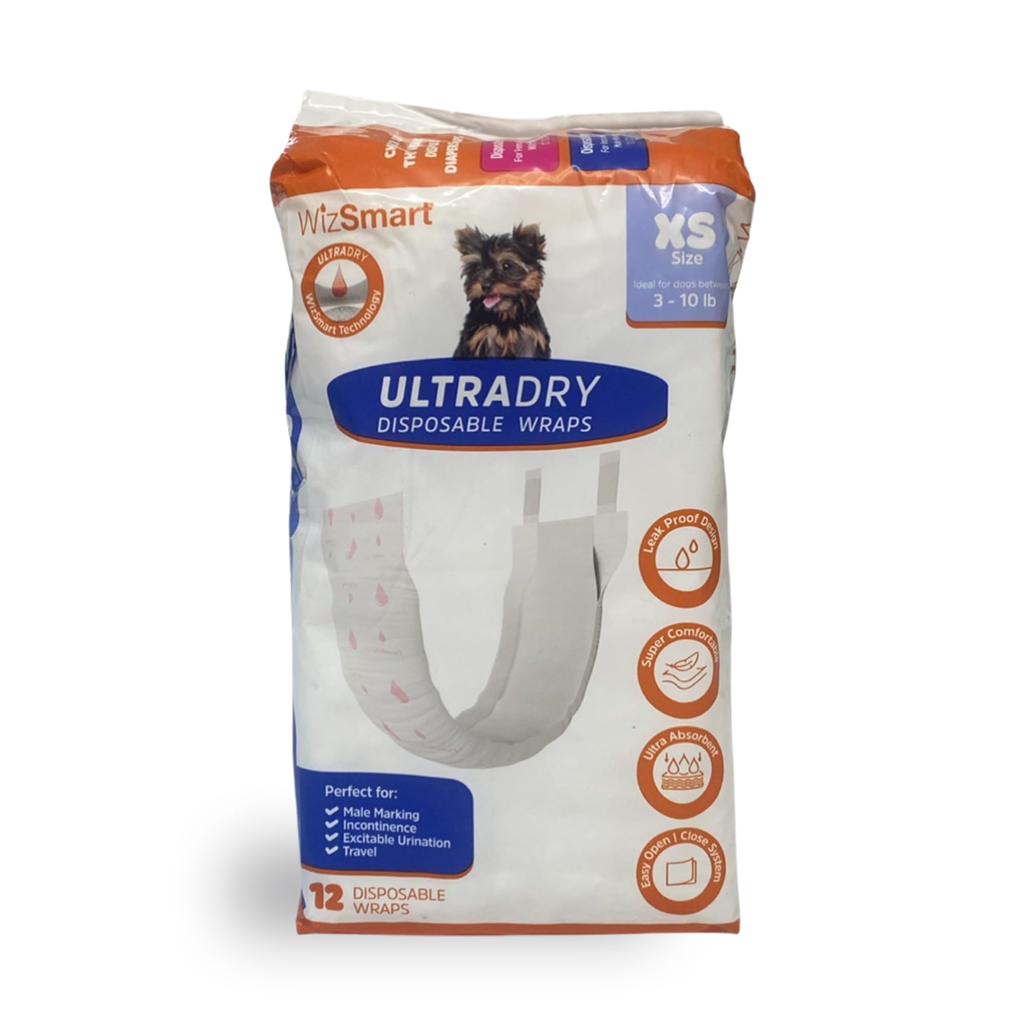 WizSmart UltraDry Disposable Male Dog Wraps XSmall 12 ct