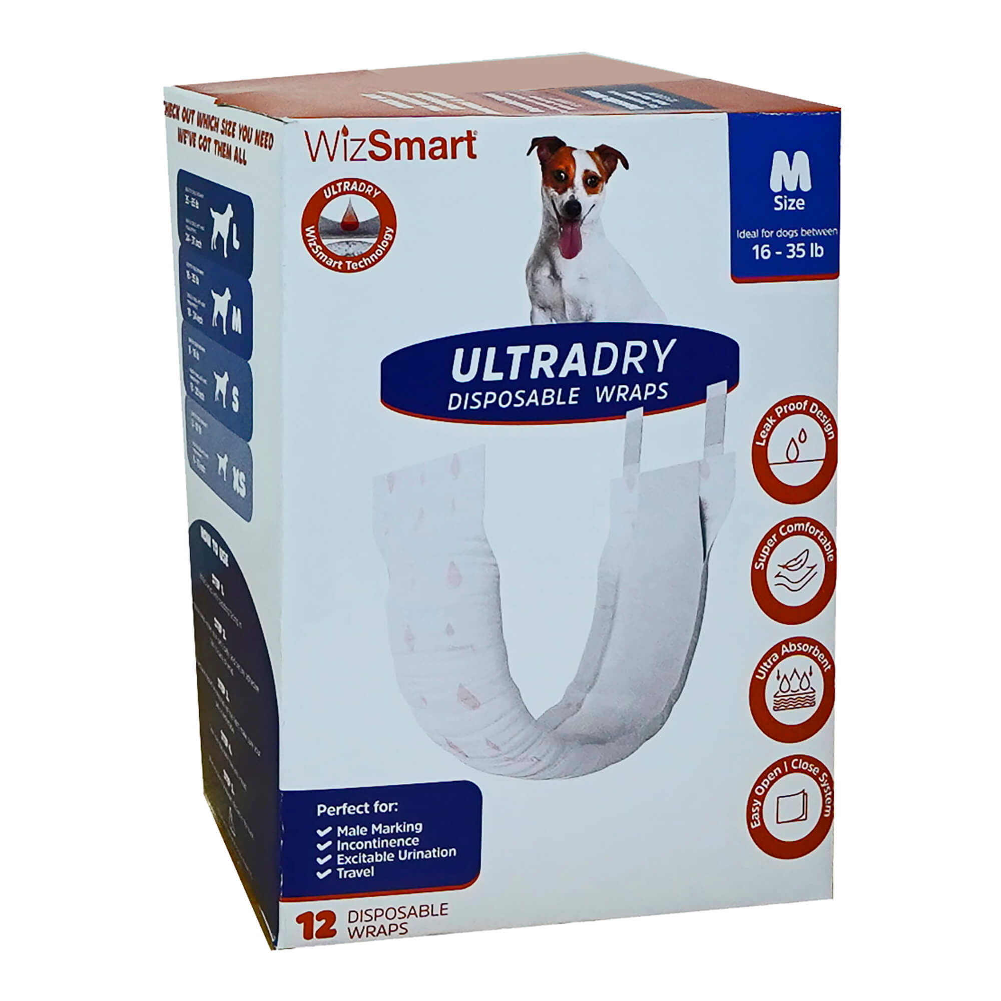 WizSmart UltraDry Disposable Male Dog Wraps Medium 12 ct