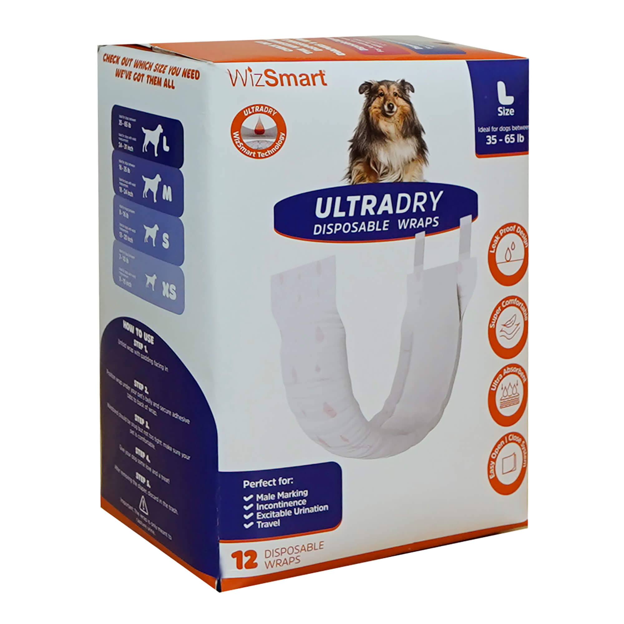 WizSmart UltraDry Disposable Male Dog Wraps Large 12 ct